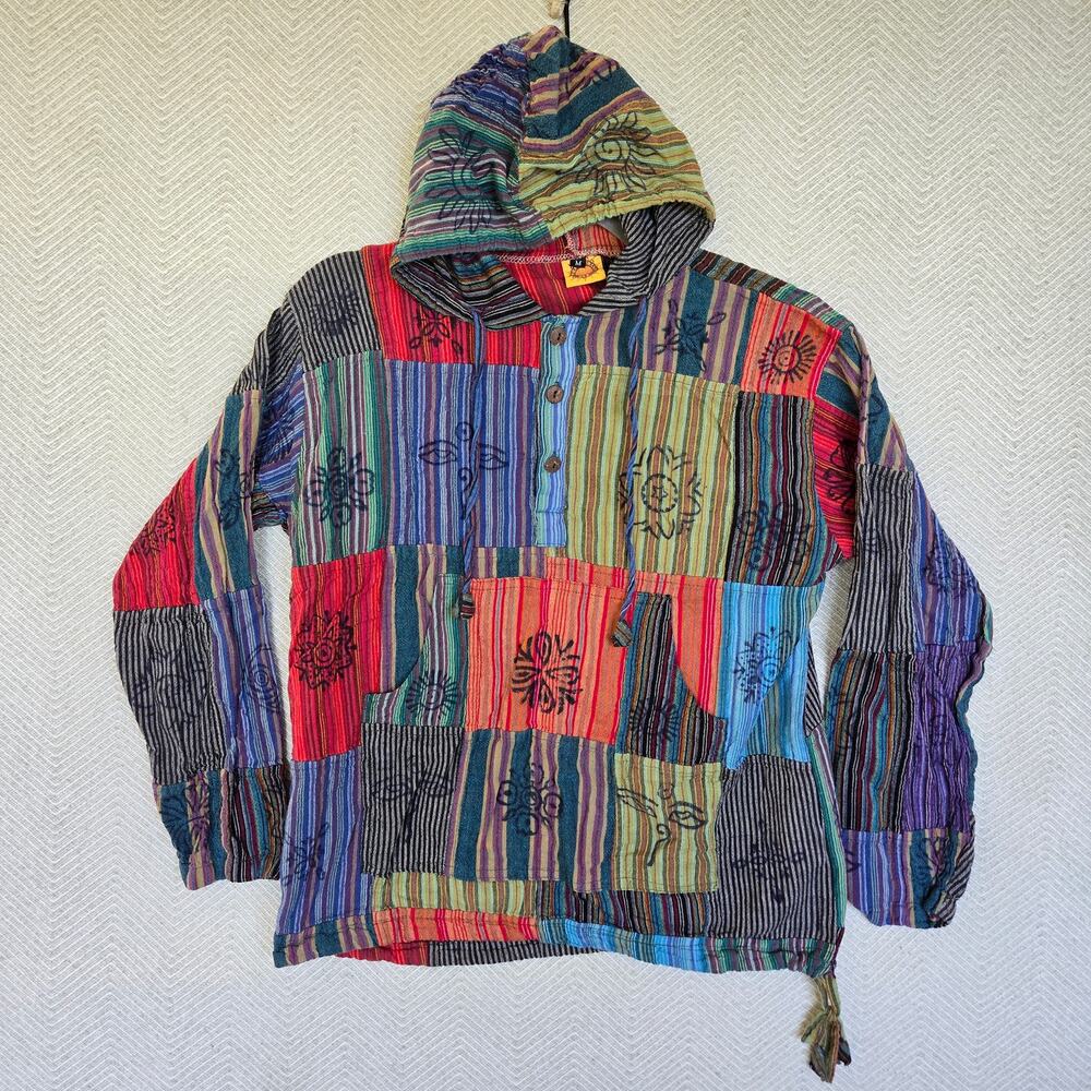 Karma Circle Hoodie Womens M Patch Work Pullover Buttons Hippy Festival USA